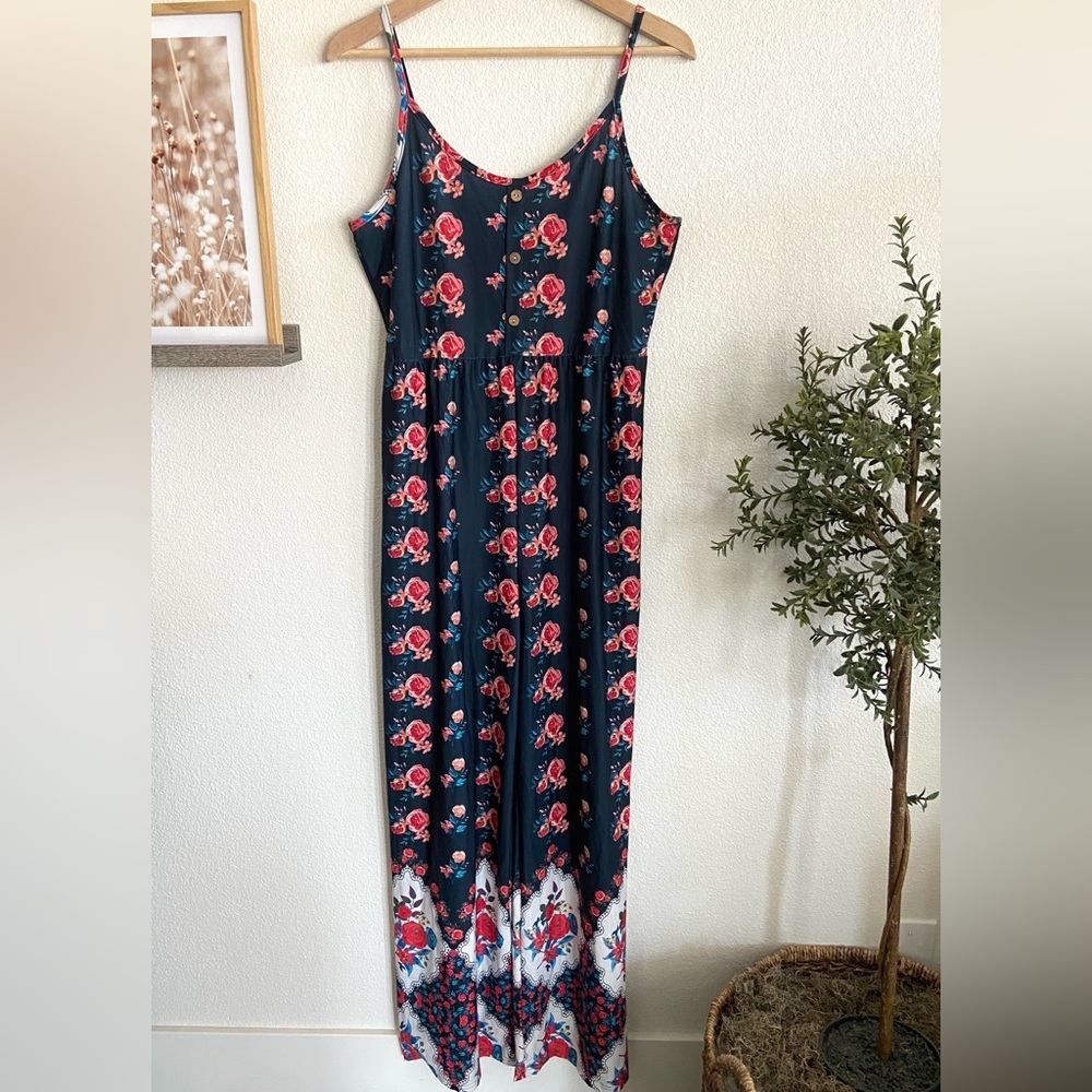 Navy floral print wide leg jumpsuit